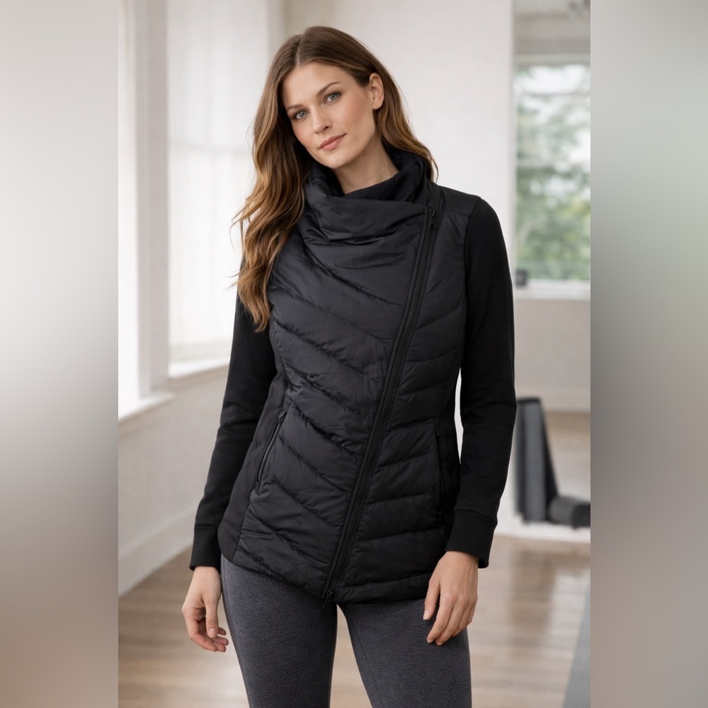 HYBA - Black Asymmetrical zipperFunnel Neck puffer jacket Mixed Media - Picture 2 of 13
